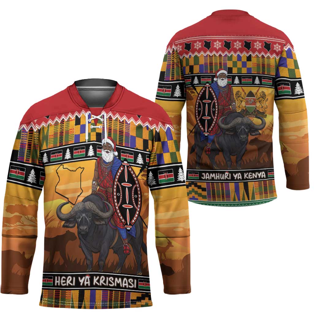 Kenya Safari Christmas Hockey Jersey Black Santa Riding Cape Buffalo - Heri ya Krismasi