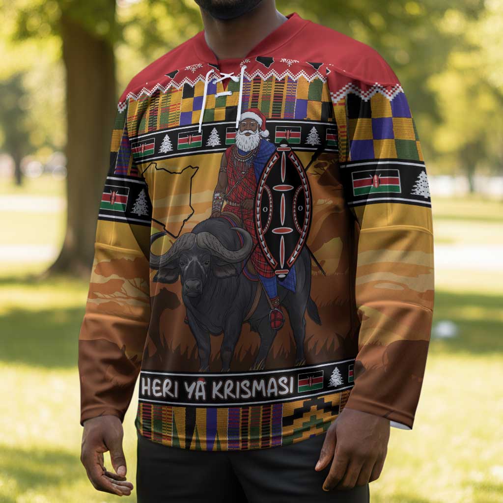 Kenya Safari Christmas Hockey Jersey Black Santa Riding Cape Buffalo - Heri ya Krismasi