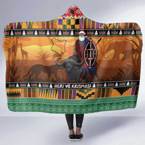 Afro Christmas in Kenya Safari Hooded Blanket Black Santa Riding Cape Buffalo - African Pride
