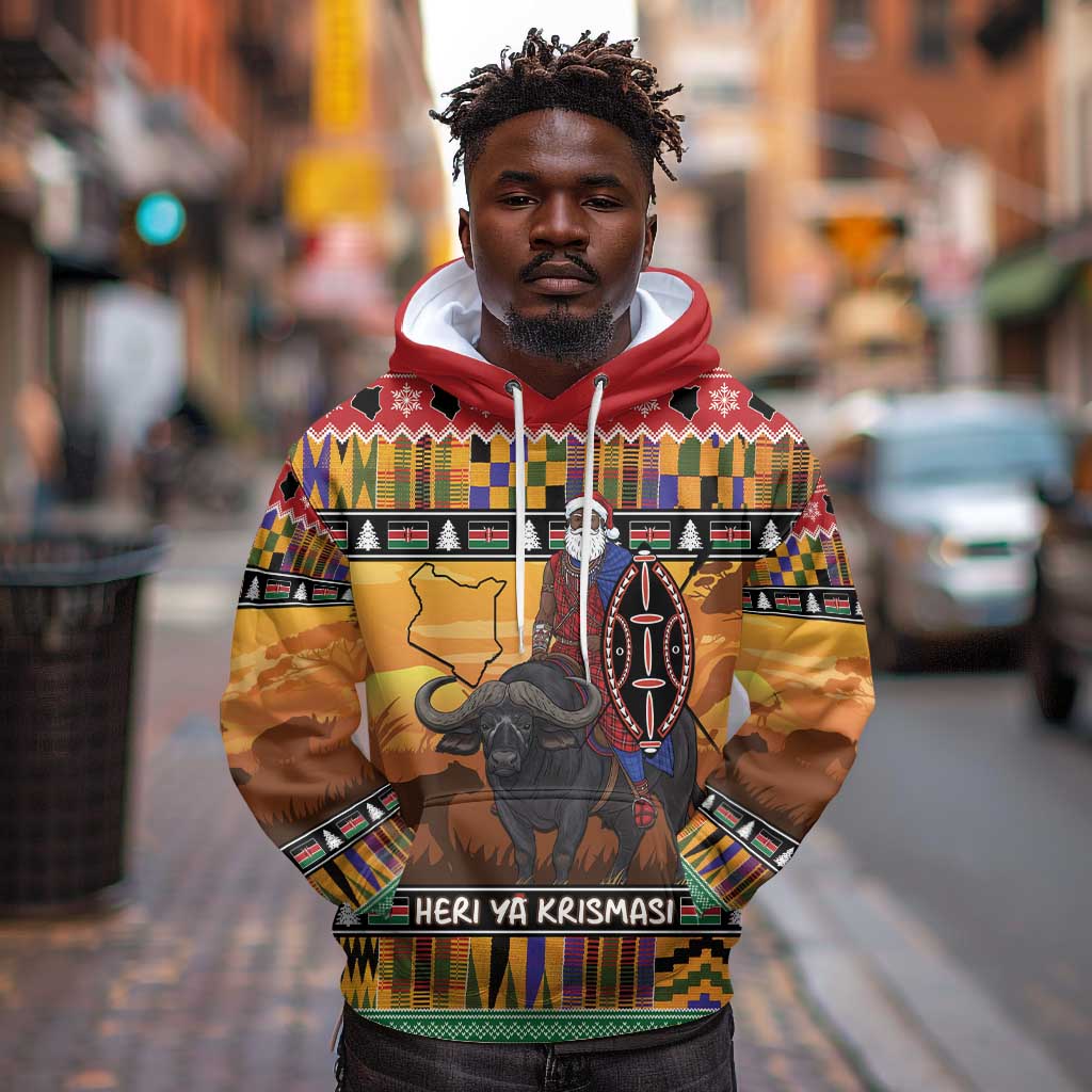 Afro Christmas in Kenya Safari Hoodie Black Santa Riding Cape Buffalo - African Pride