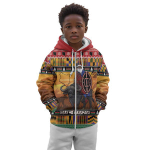 Afro Christmas in Kenya Safari Kid Hoodie Black Santa Riding Cape Buffalo - African Pride