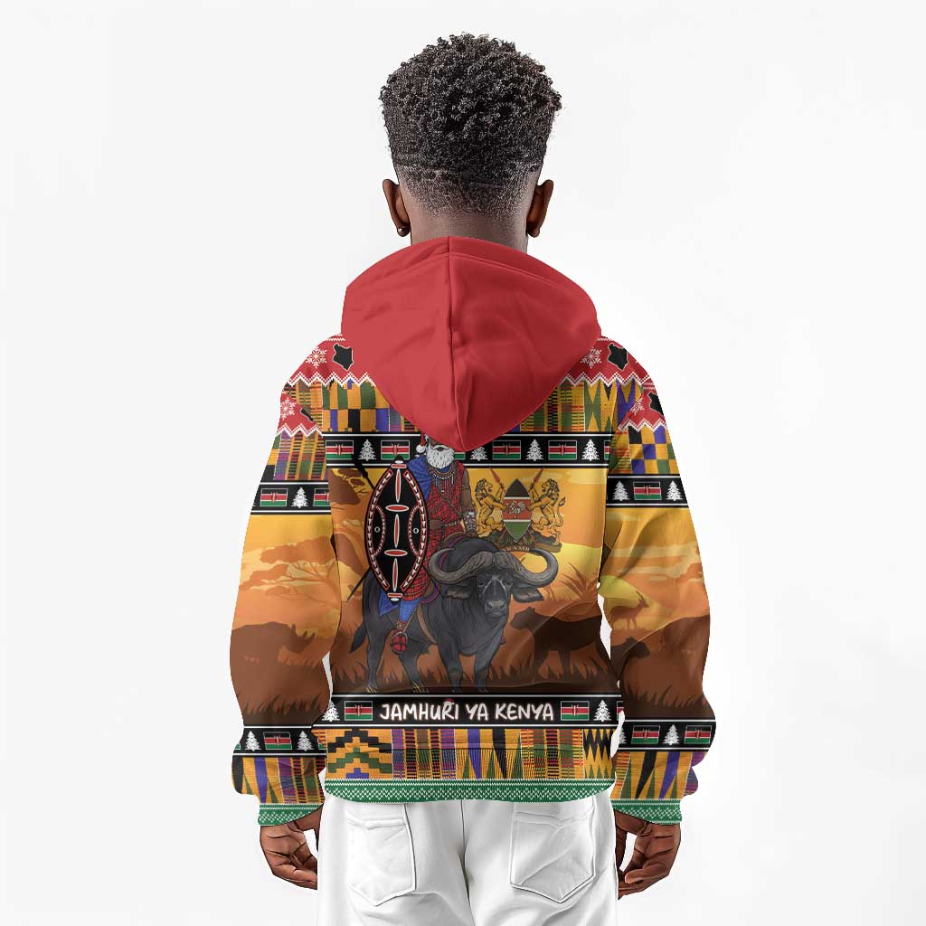 Afro Christmas in Kenya Safari Kid Hoodie Black Santa Riding Cape Buffalo - African Pride
