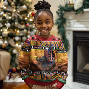Afro Christmas in Kenya Safari Kid Ugly Christmas Sweater Black Santa Riding Cape Buffalo - African Pride