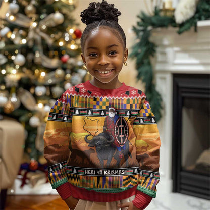 Afro Christmas in Kenya Safari Kid Ugly Christmas Sweater Black Santa Riding Cape Buffalo - African Pride
