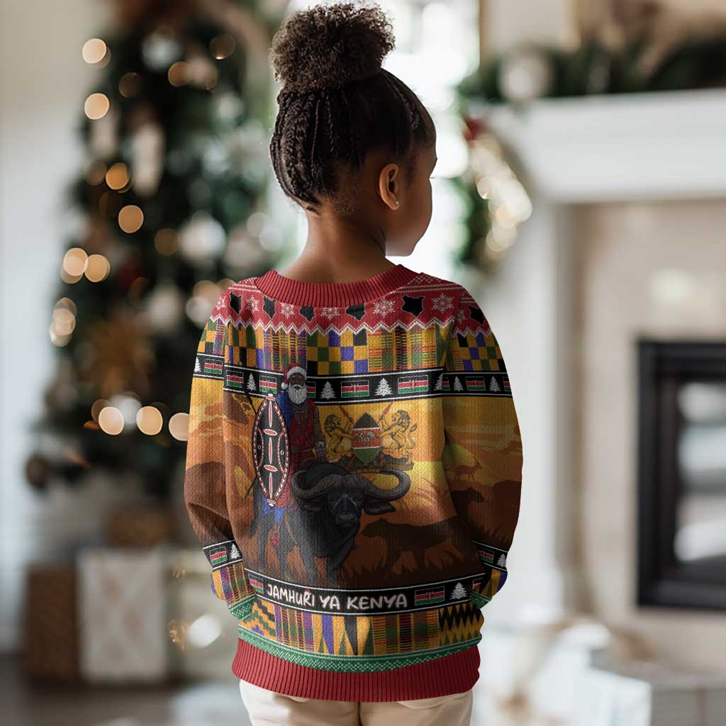 Afro Christmas in Kenya Safari Kid Ugly Christmas Sweater Black Santa Riding Cape Buffalo - African Pride