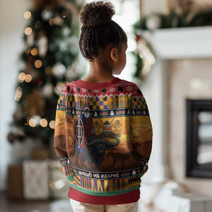 Afro Christmas in Kenya Safari Kid Ugly Christmas Sweater Black Santa Riding Cape Buffalo - African Pride