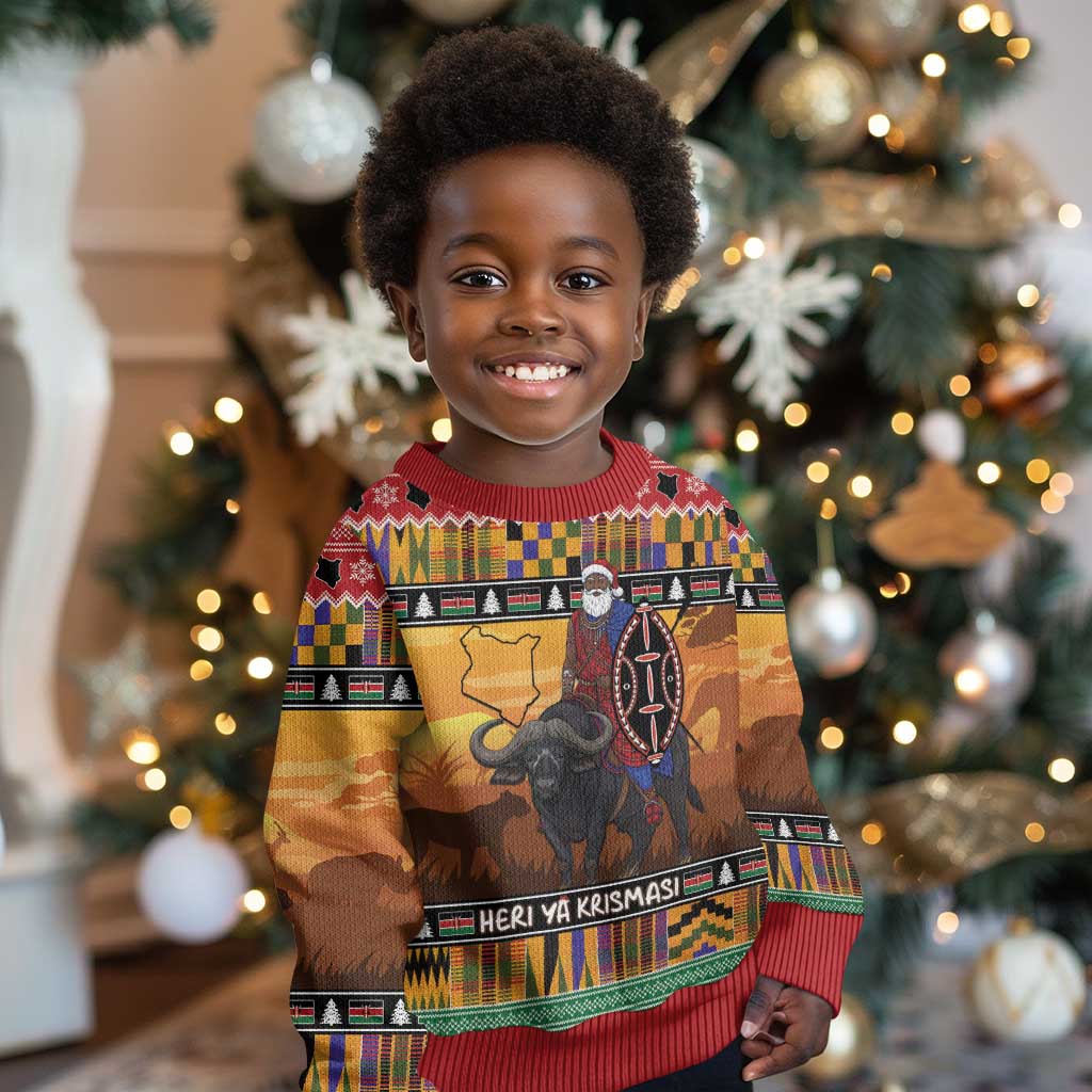 Afro Christmas in Kenya Safari Kid Ugly Christmas Sweater Black Santa Riding Cape Buffalo - African Pride