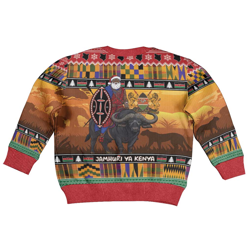 Afro Christmas in Kenya Safari Kid Ugly Christmas Sweater Black Santa Riding Cape Buffalo - African Pride