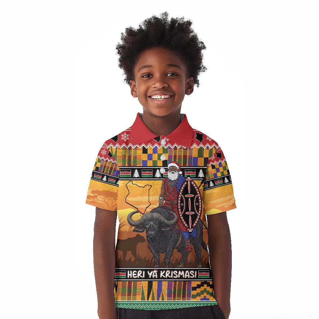 Afro Christmas in Kenya Safari Kid Polo Shirt Black Santa Riding Cape Buffalo - African Pride