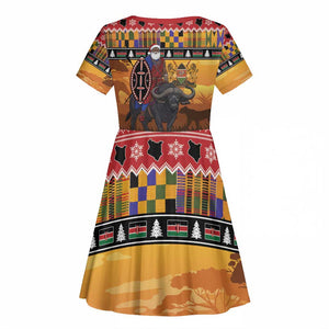 Afro Christmas in Kenya Safari Kid Short Sleeve Dress Black Santa Riding Cape Buffalo - African Pride