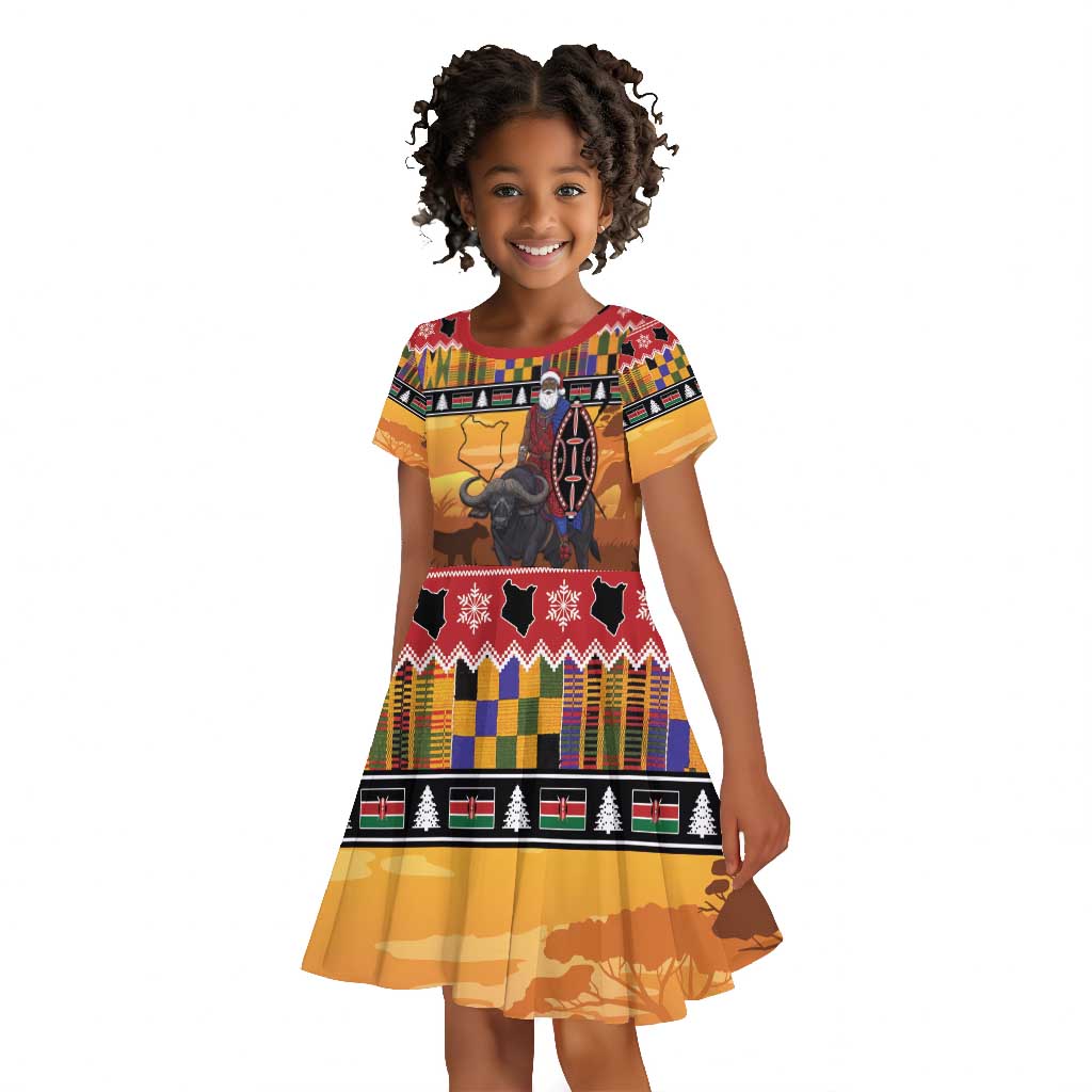 Afro Christmas in Kenya Safari Kid Short Sleeve Dress Black Santa Riding Cape Buffalo - African Pride