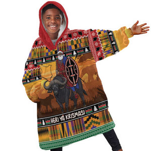 Afro Christmas in Kenya Safari Kid Wearable Blanket Hoodie Black Santa Riding Cape Buffalo - African Pride