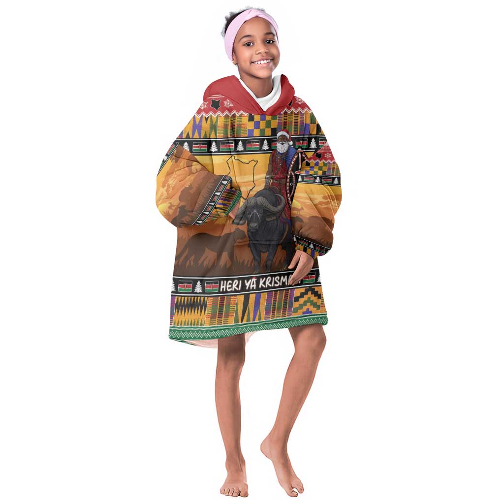 Afro Christmas in Kenya Safari Kid Wearable Blanket Hoodie Black Santa Riding Cape Buffalo - African Pride