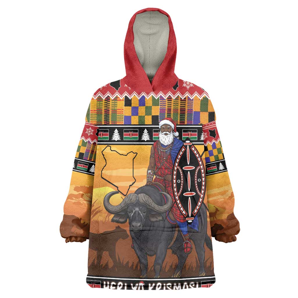 Afro Christmas in Kenya Safari Kid Wearable Blanket Hoodie Black Santa Riding Cape Buffalo - African Pride