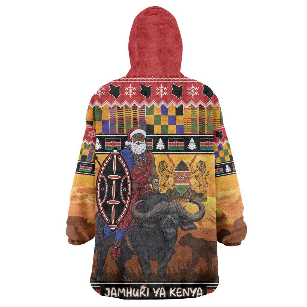 Afro Christmas in Kenya Safari Kid Wearable Blanket Hoodie Black Santa Riding Cape Buffalo - African Pride