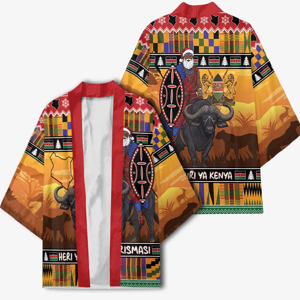Kenya Safari Christmas Kimono Black Santa Riding Cape Buffalo - Heri ya Krismasi