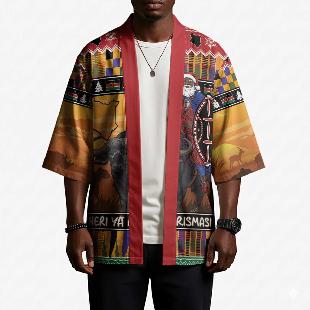 Kenya Safari Christmas Kimono Black Santa Riding Cape Buffalo - Heri ya Krismasi