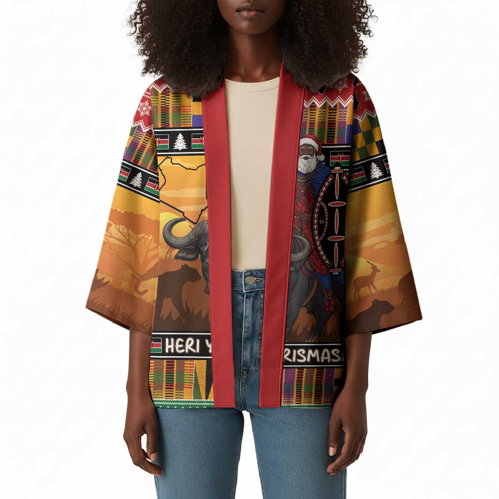 Kenya Safari Christmas Kimono Black Santa Riding Cape Buffalo - Heri ya Krismasi