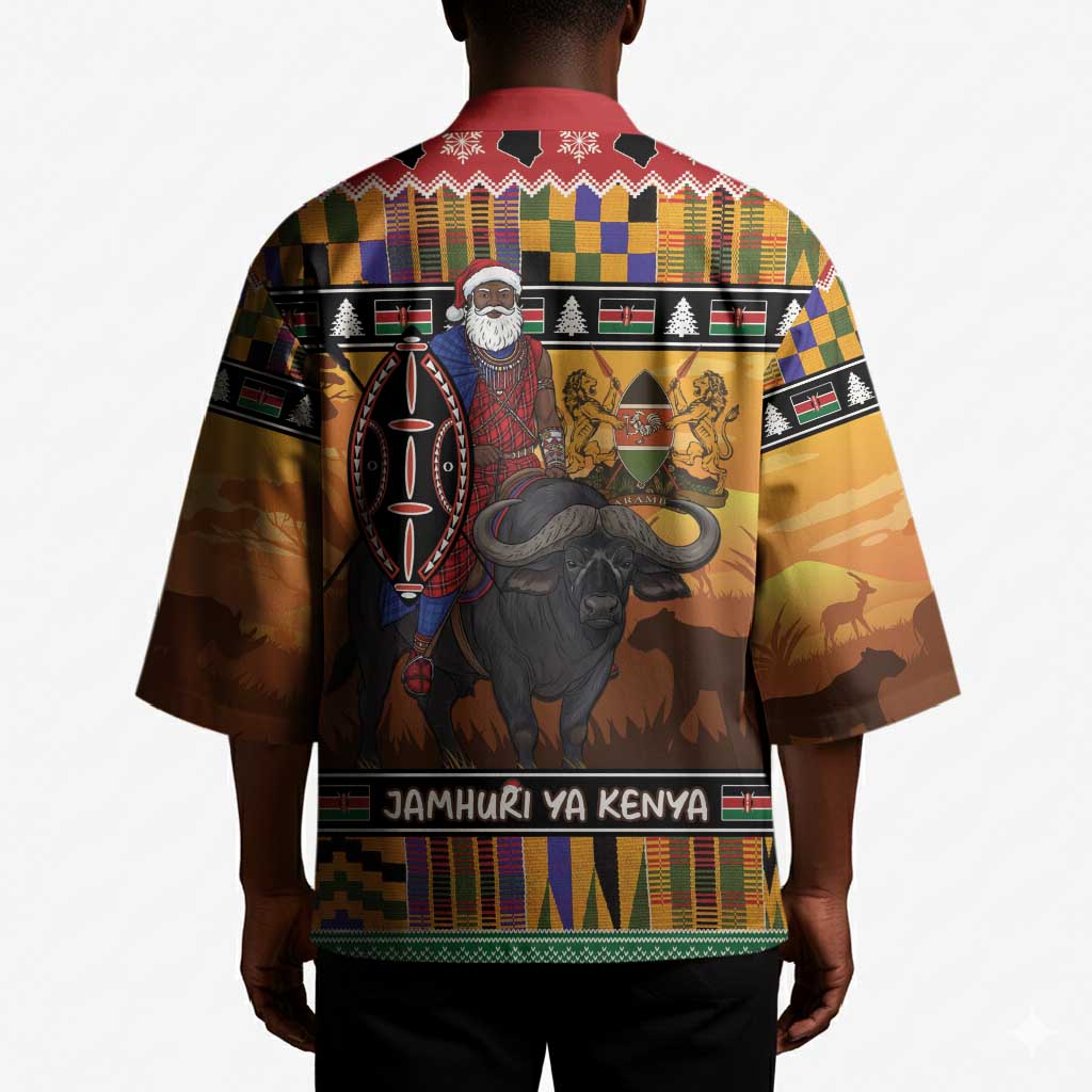 Kenya Safari Christmas Kimono Black Santa Riding Cape Buffalo - Heri ya Krismasi