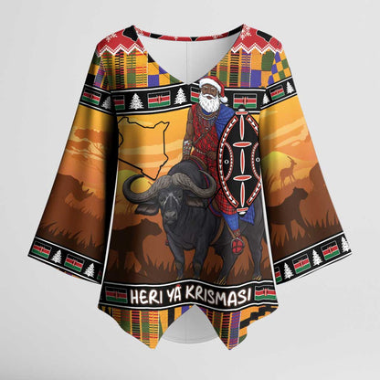 Kenya Safari Christmas Kimono Sleeve Blouse Black Santa Riding Cape Buffalo - Heri ya Krismasi