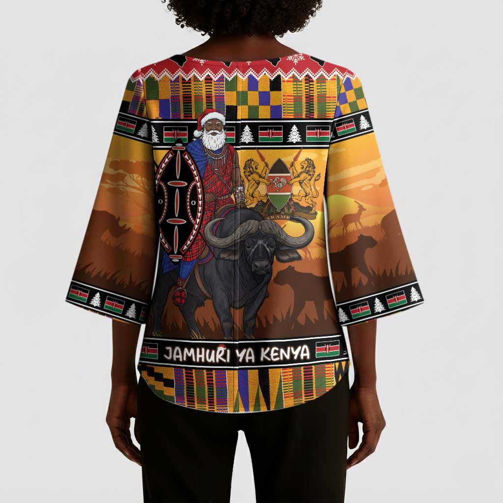 Kenya Safari Christmas Kimono Sleeve Blouse Black Santa Riding Cape Buffalo - Heri ya Krismasi