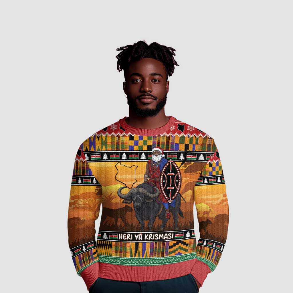 Afro Christmas in Kenya Safari Ugly Christmas Sweater Black Santa Riding Cape Buffalo - African Pride