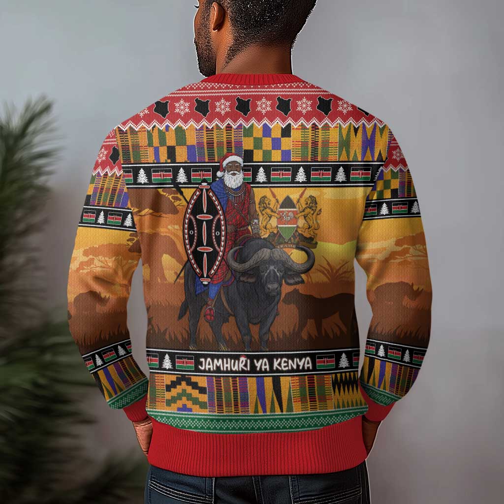 Afro Christmas in Kenya Safari Ugly Christmas Sweater Black Santa Riding Cape Buffalo - African Pride