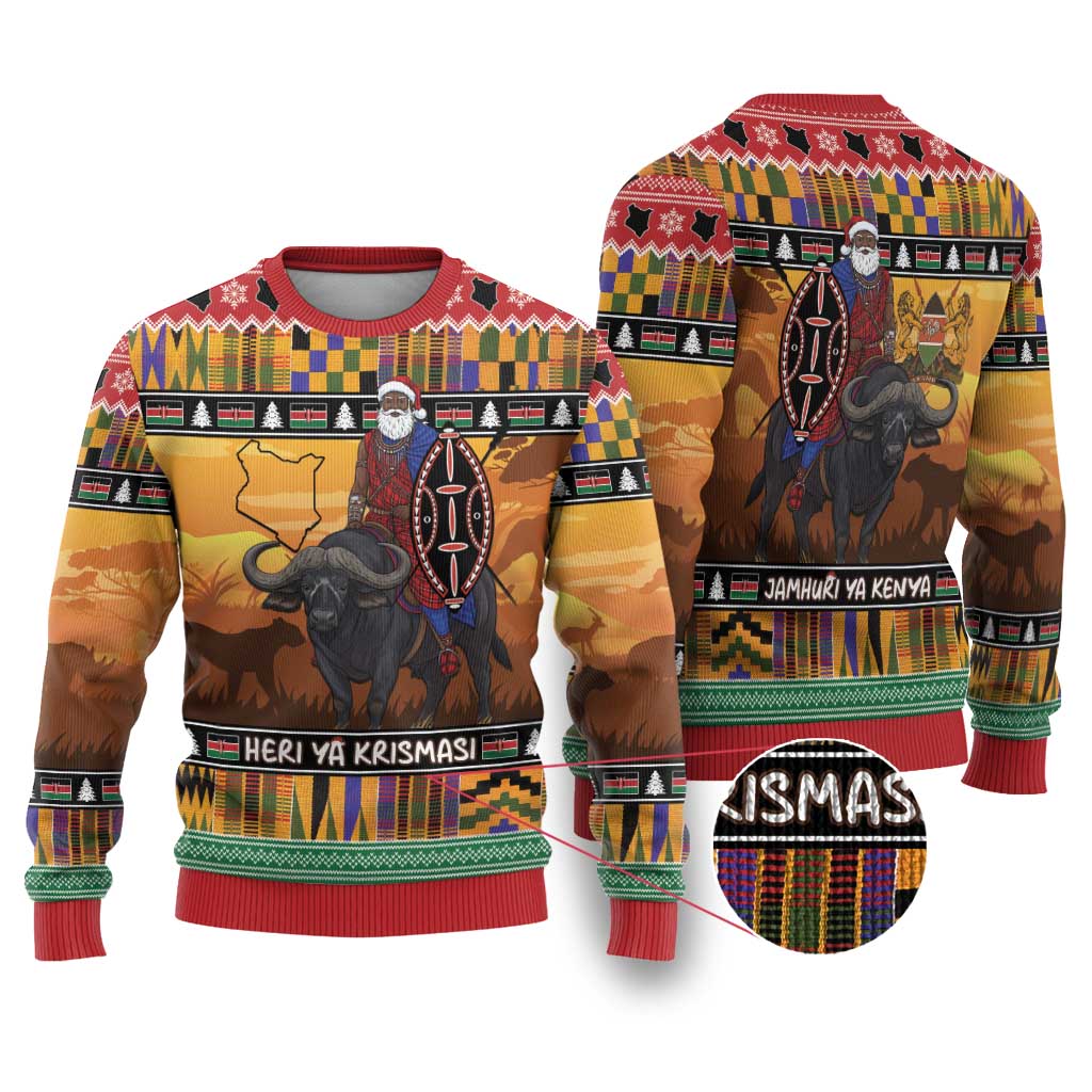 Afro Christmas in Kenya Safari Ugly Christmas Sweater Black Santa Riding Cape Buffalo - African Pride