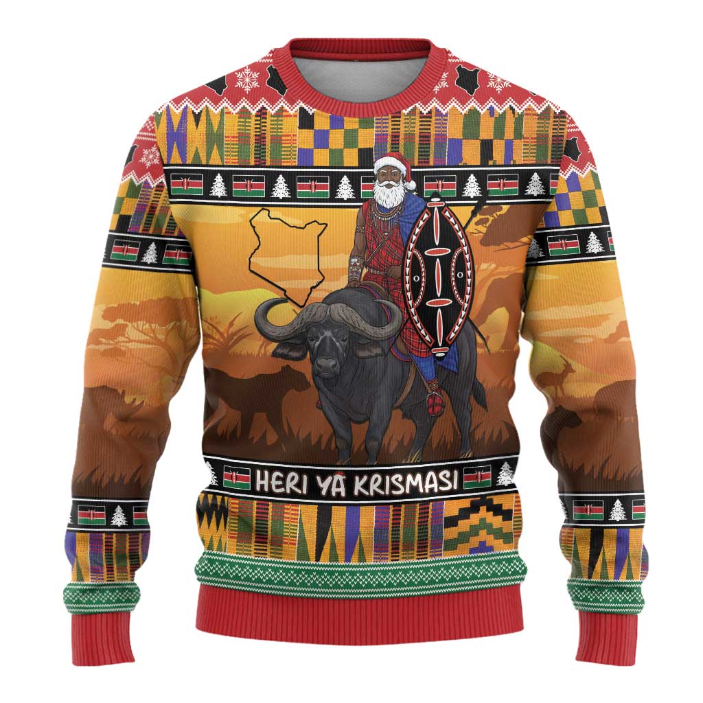Afro Christmas in Kenya Safari Ugly Christmas Sweater Black Santa Riding Cape Buffalo - African Pride