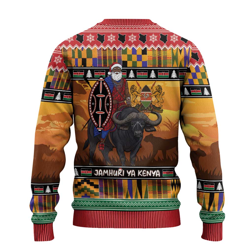 Afro Christmas in Kenya Safari Ugly Christmas Sweater Black Santa Riding Cape Buffalo - African Pride