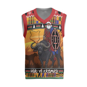 Afro Christmas in Kenya Safari Christmas Knitted V-Neck Vest Black Santa Riding Cape Buffalo - African Pride