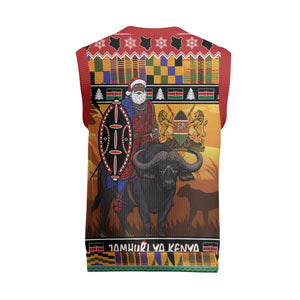 Afro Christmas in Kenya Safari Christmas Knitted V-Neck Vest Black Santa Riding Cape Buffalo - African Pride