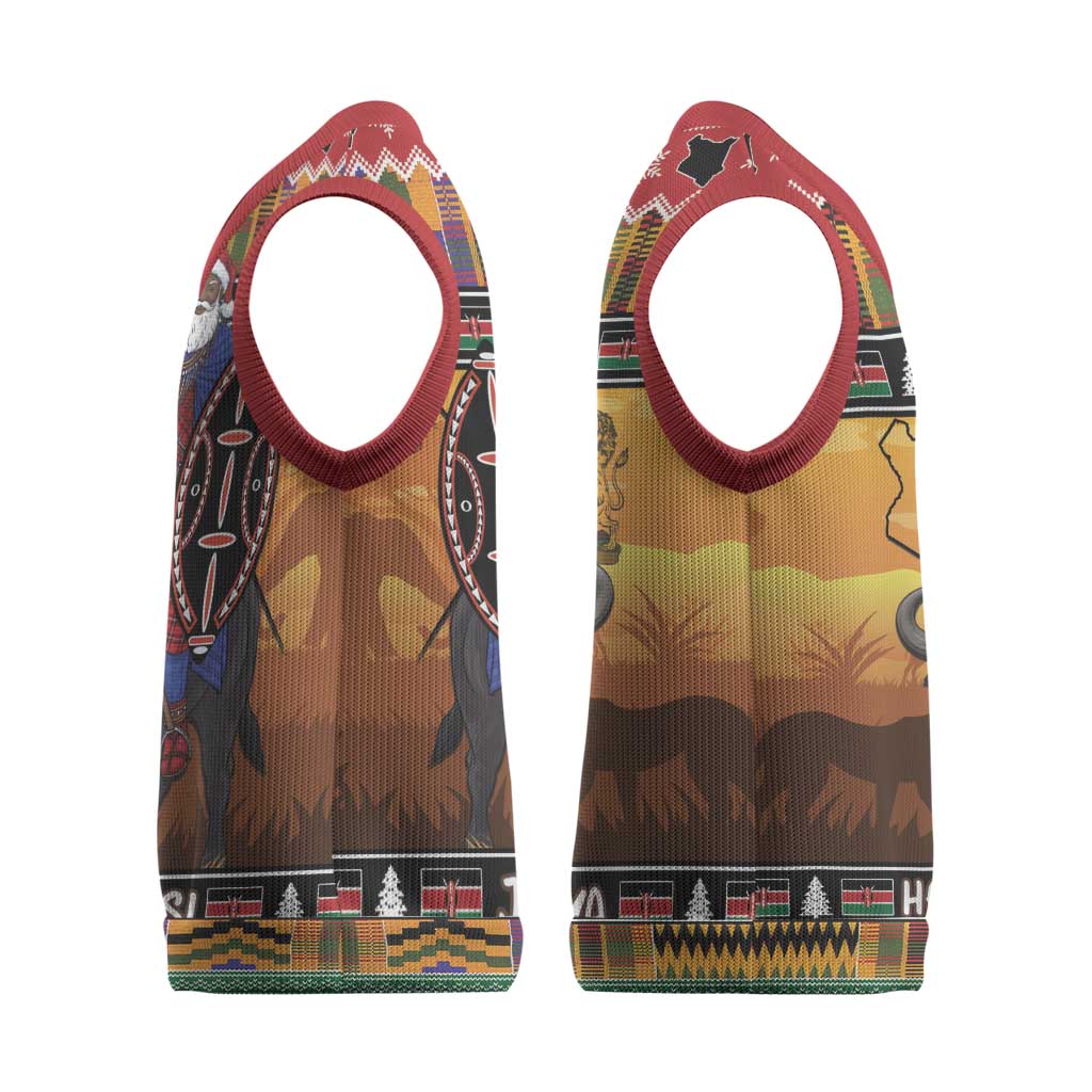Afro Christmas in Kenya Safari Christmas Knitted V-Neck Vest Black Santa Riding Cape Buffalo - African Pride