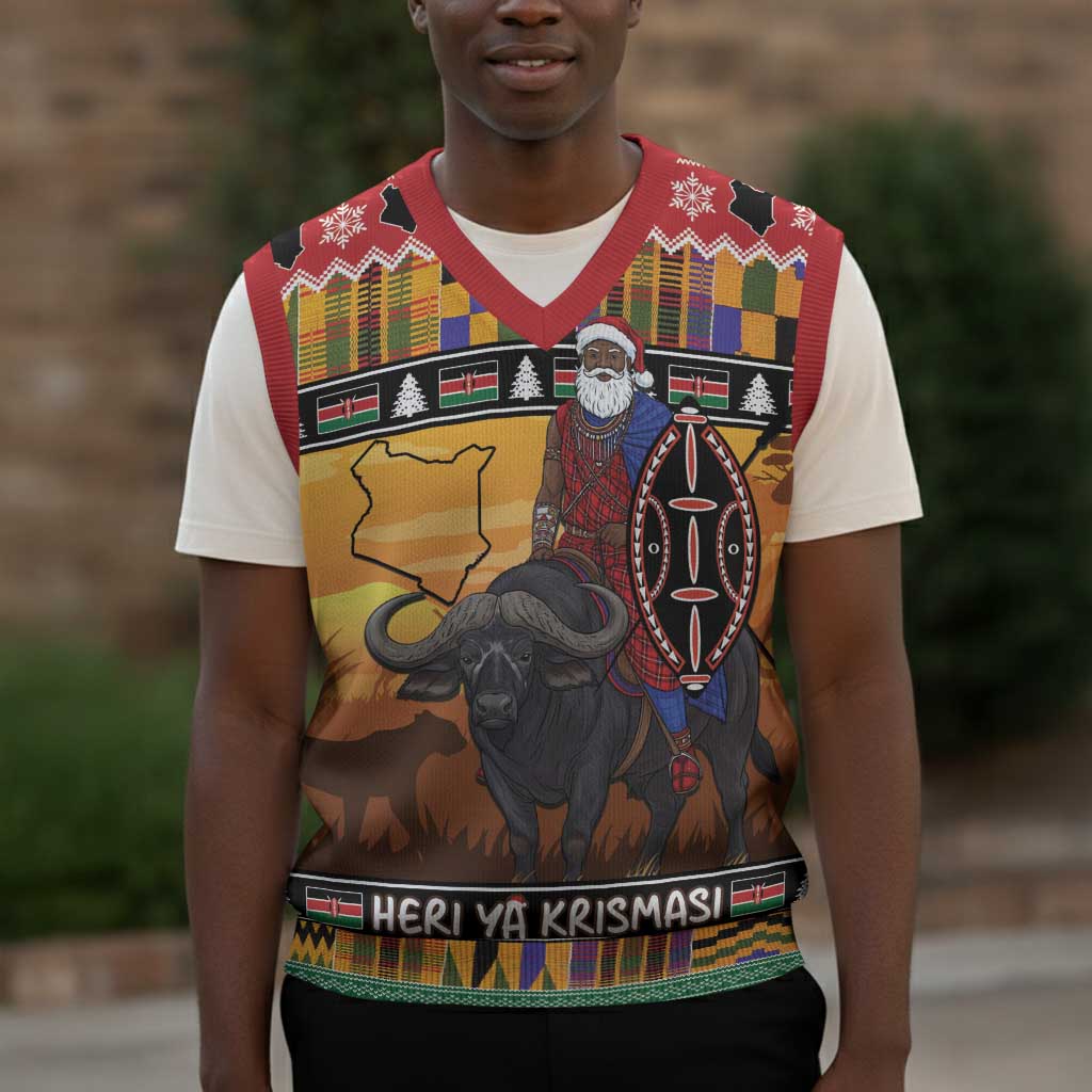 Afro Christmas in Kenya Safari Christmas Knitted V-Neck Vest Black Santa Riding Cape Buffalo - African Pride