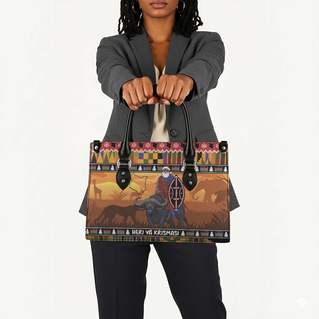 Kenya Safari Christmas Leather Bag Black Santa Riding Cape Buffalo - Heri ya Krismasi
