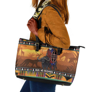 Afro Christmas in Kenya Safari Leather Tote Bag Black Santa Riding Cape Buffalo - African Pride