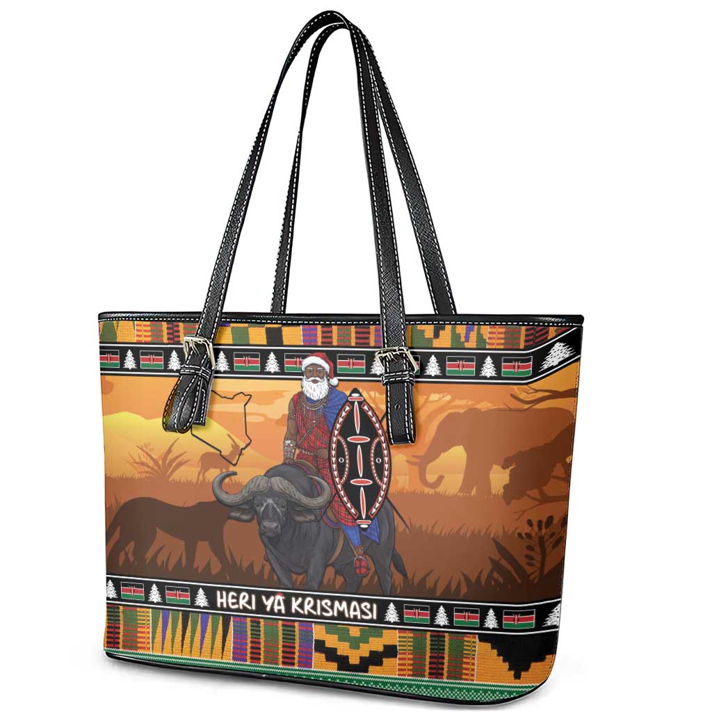 Afro Christmas in Kenya Safari Leather Tote Bag Black Santa Riding Cape Buffalo - African Pride