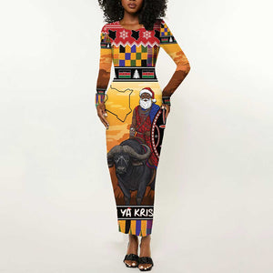Afro Christmas in Kenya Safari Long Sleeve Bodycon Dress Black Santa Riding Cape Buffalo - African Pride