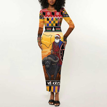 Afro Christmas in Kenya Safari Long Sleeve Bodycon Dress Black Santa Riding Cape Buffalo - African Pride