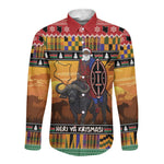 Afro Christmas in Kenya Safari Long Sleeve Button Shirt Black Santa Riding Cape Buffalo - African Pride