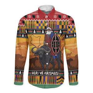 Afro Christmas in Kenya Safari Long Sleeve Button Shirt Black Santa Riding Cape Buffalo - African Pride