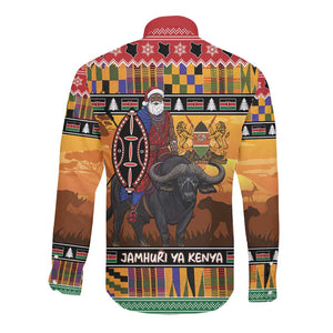 Afro Christmas in Kenya Safari Long Sleeve Button Shirt Black Santa Riding Cape Buffalo - African Pride