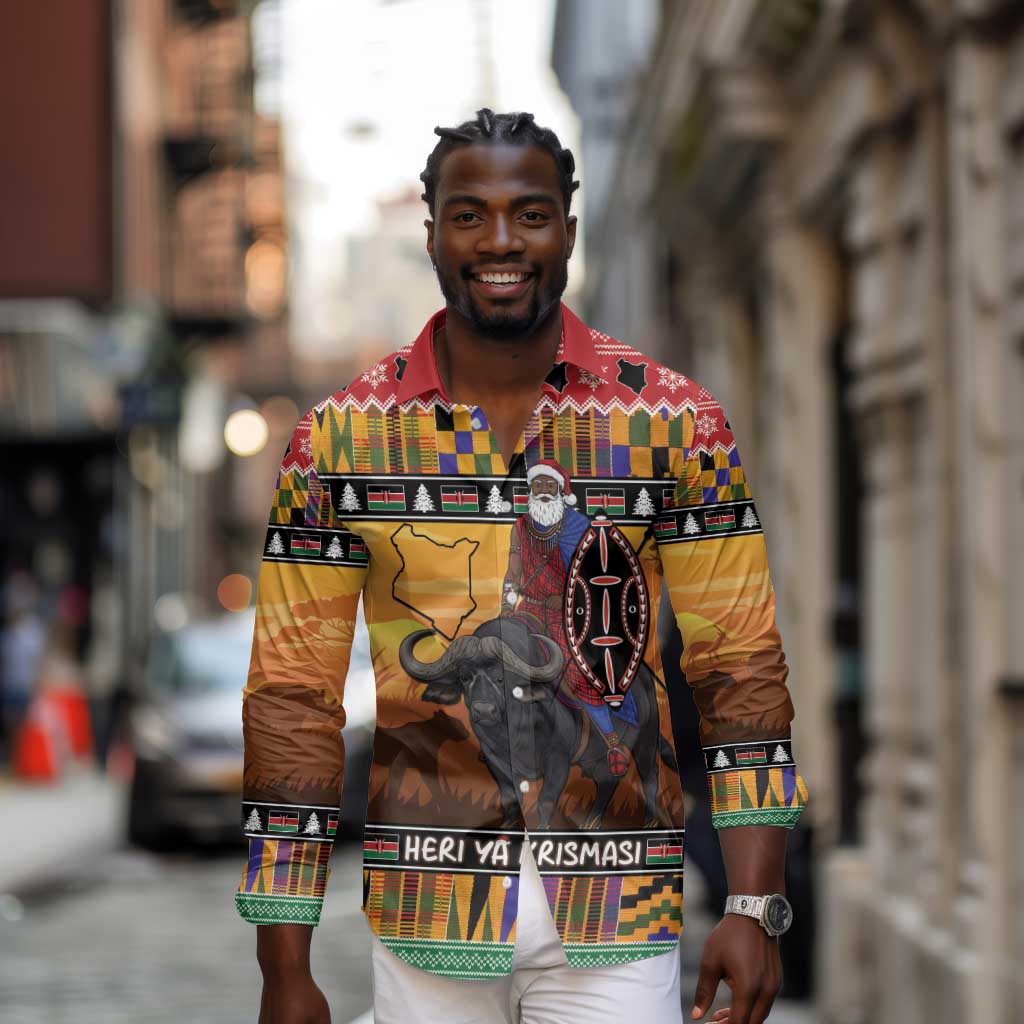 Afro Christmas in Kenya Safari Long Sleeve Button Shirt Black Santa Riding Cape Buffalo - African Pride