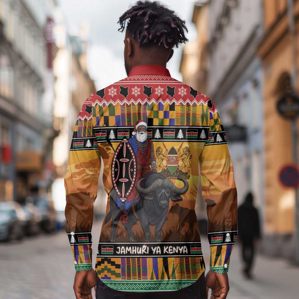 Afro Christmas in Kenya Safari Long Sleeve Button Shirt Black Santa Riding Cape Buffalo - African Pride