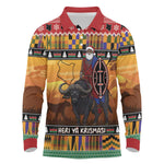 Afro Christmas in Kenya Safari Long Sleeve Polo Shirt Black Santa Riding Cape Buffalo - African Pride
