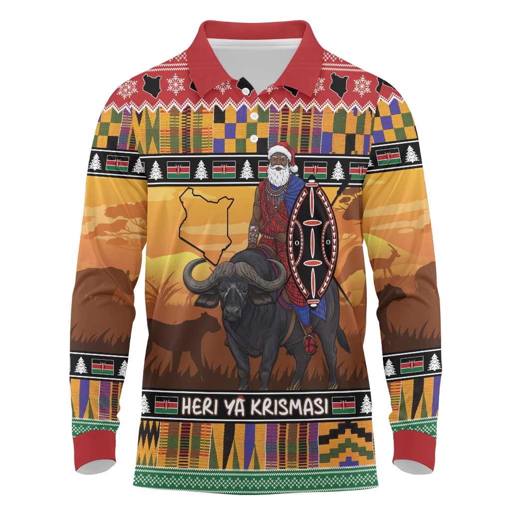 Afro Christmas in Kenya Safari Long Sleeve Polo Shirt Black Santa Riding Cape Buffalo - African Pride