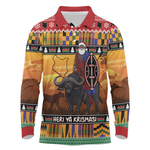 Afro Christmas in Kenya Safari Long Sleeve Polo Shirt Black Santa Riding Cape Buffalo - African Pride