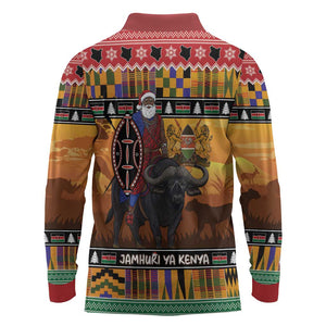 Afro Christmas in Kenya Safari Long Sleeve Polo Shirt Black Santa Riding Cape Buffalo - African Pride