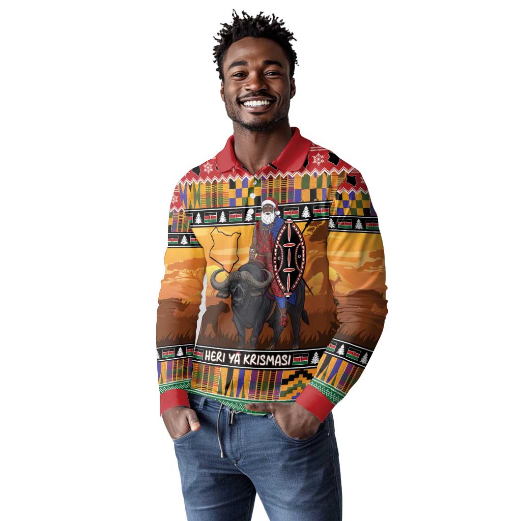 Afro Christmas in Kenya Safari Long Sleeve Polo Shirt Black Santa Riding Cape Buffalo - African Pride