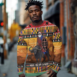 Afro Christmas in Kenya Safari Long Sleeve Shirt Black Santa Riding Cape Buffalo - African Pride